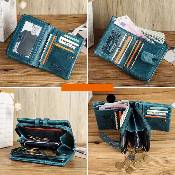 Portefeuille compact femme en cuir marron avec fermeture éclair, parfait pour cartes et monnaie