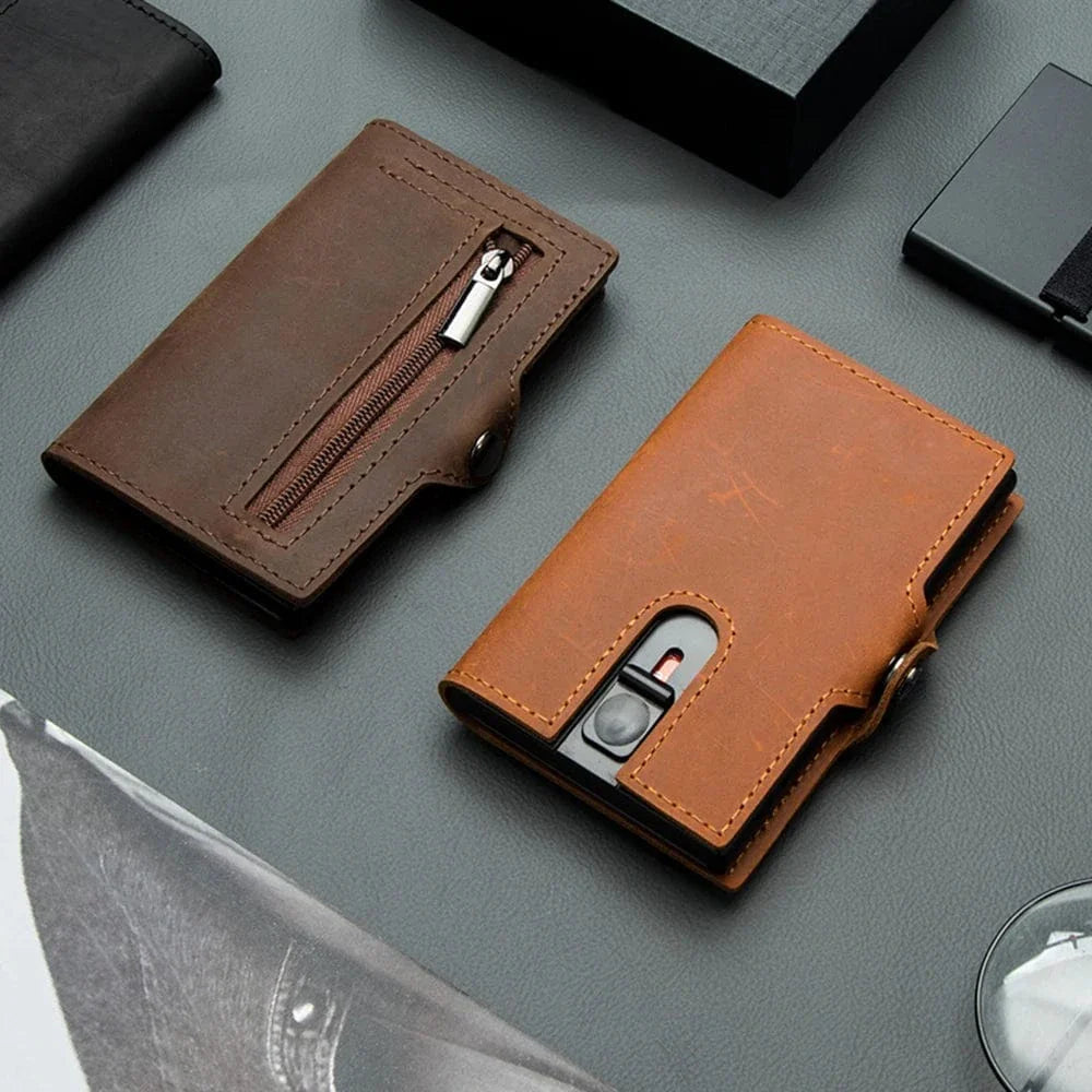 Porte-cartes pop-up en cuir noir élégant pour hommes, compact et fonctionnel