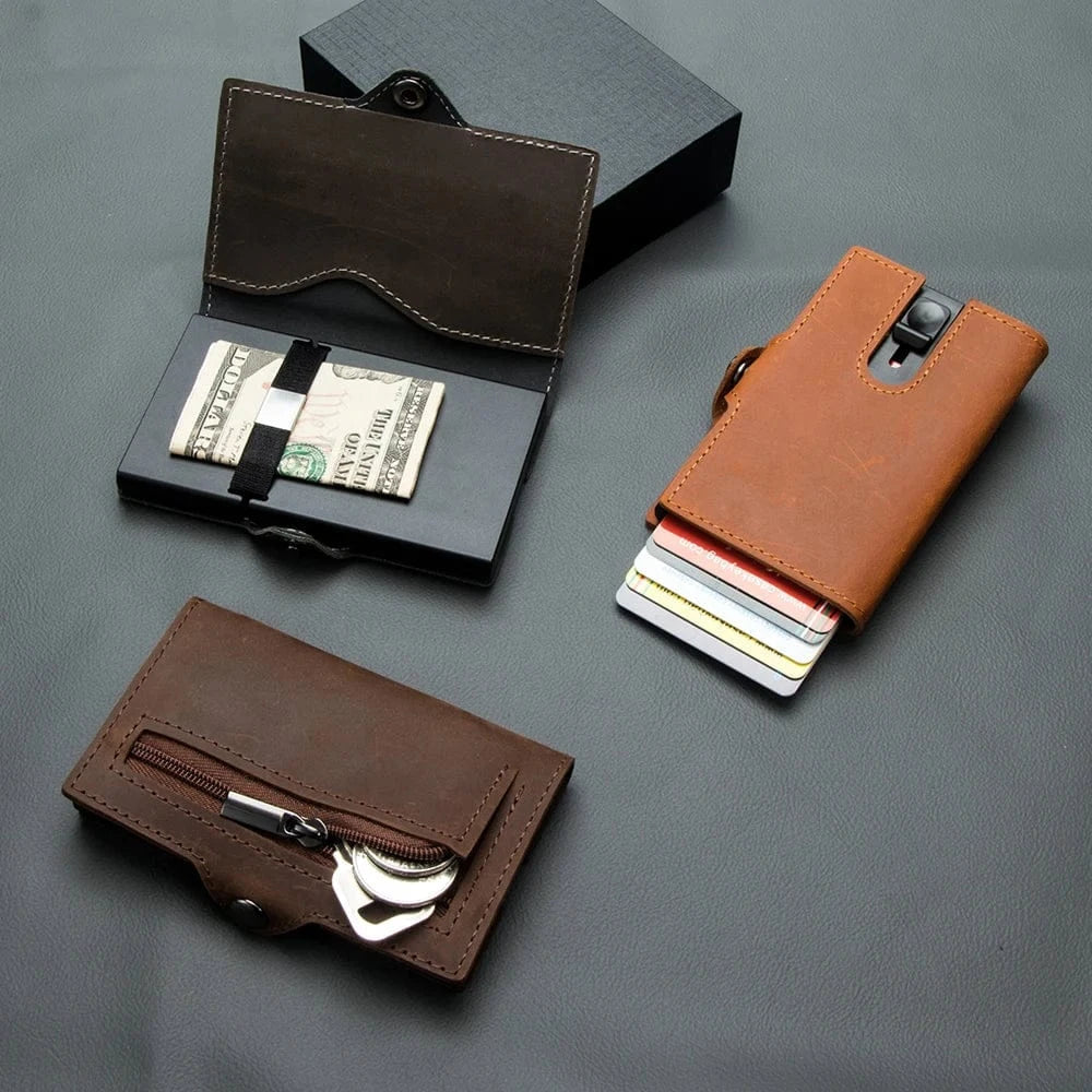 Porte-monnaie homme en cuir véritable noir avec compartiment pop-up pour cartes, accessoire chic