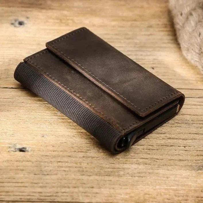 Porte-cartes rigide en cuir café, homme, protection RFID, éjection automatique, accessoire
