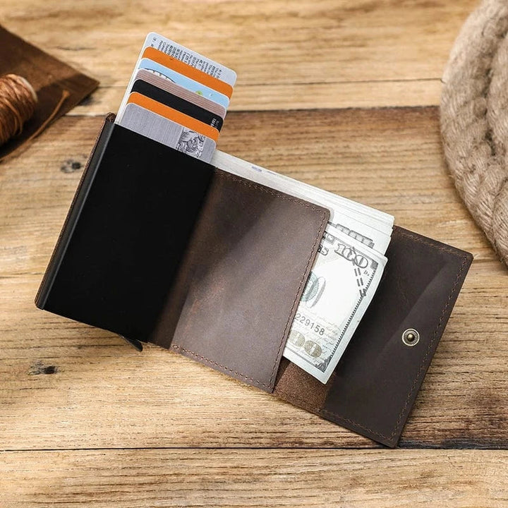 Porte-cartes pour homme en cuir rigide marron, avec mécanisme automatique et RFID intégré