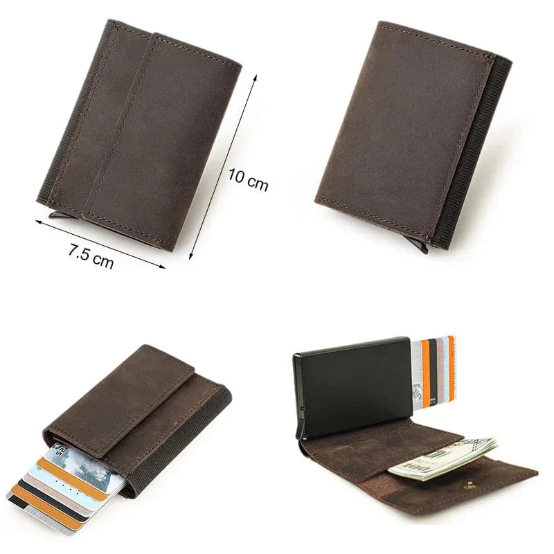 Porte-cartes automatique en cuir véritable pour homme, couleur café, style rigide