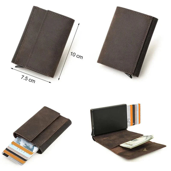 Porte-cartes automatique en cuir véritable pour homme, couleur café, style rigide