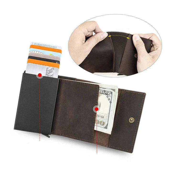 Porte-cartes homme en cuir marron foncé, rigide, technologie RFID, éjecteur de cartes