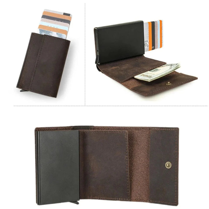 Accessoire homme: porte-cartes rigide en cuir café, fin et pratique, protection RFID