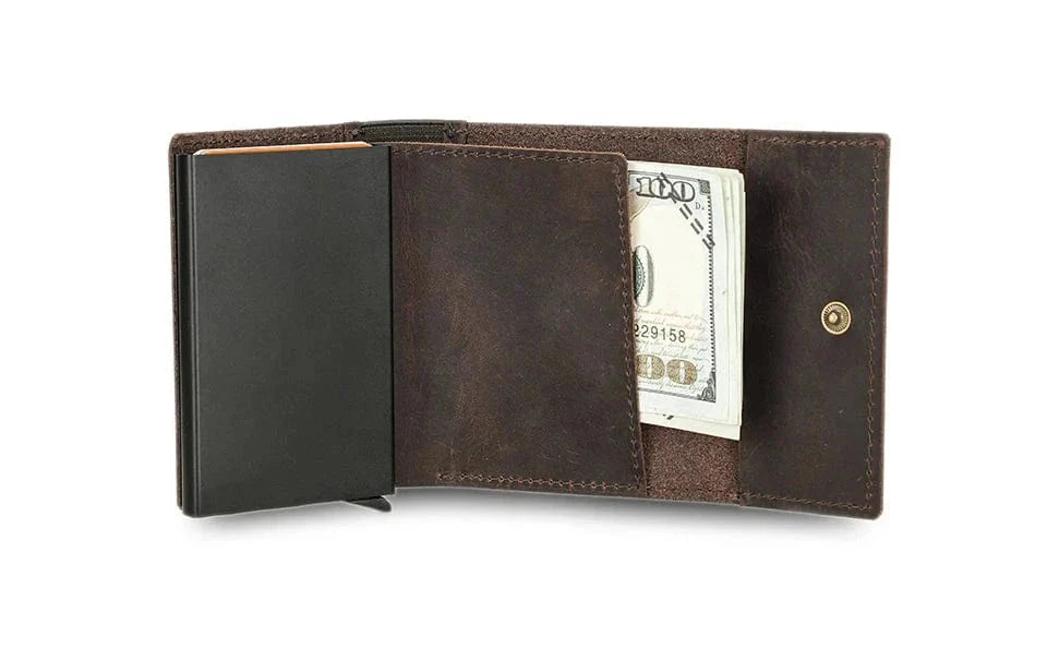 Porte-cartes RFID pour homme en cuir grainé couleur café, design rigide moderne et compact