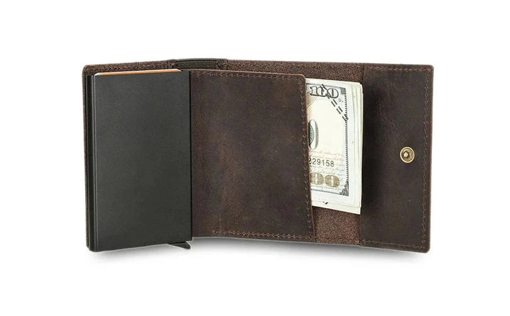 Porte-cartes RFID pour homme en cuir grainé couleur café, design rigide moderne et compact