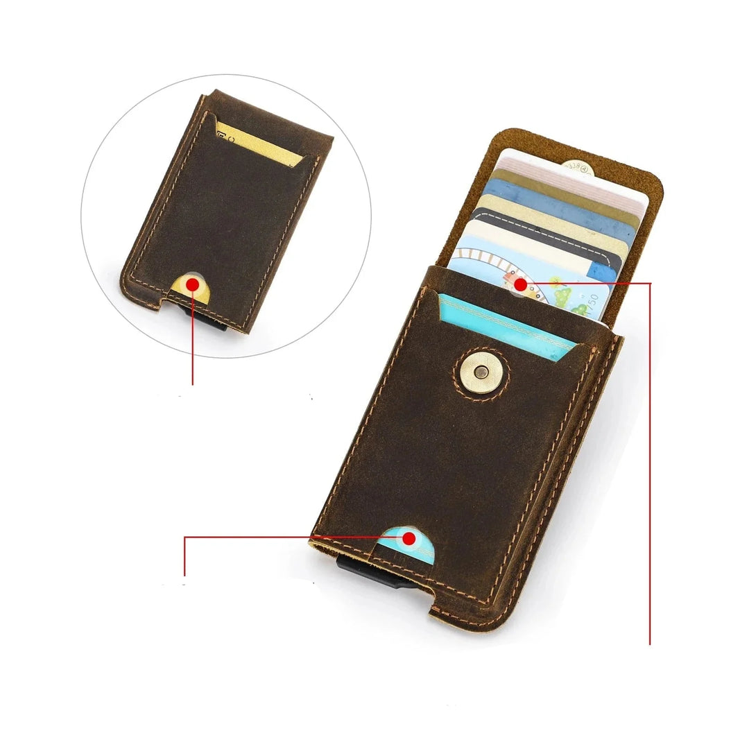Accessoire homme: porte-cartes rigide en cuir véritable, teinte café, offrant une sécurité RFID renforcée.