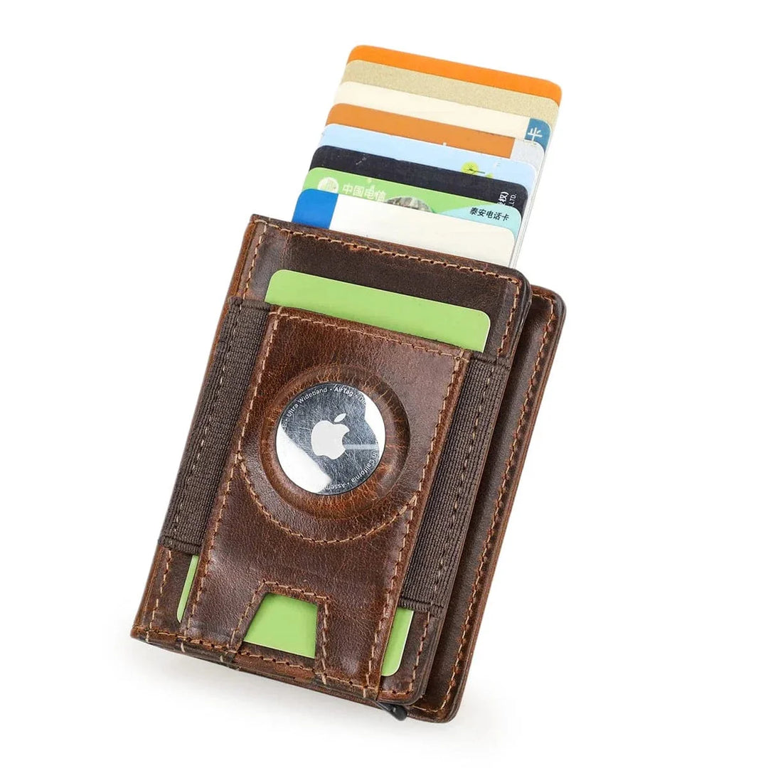 Porte-cartes slim en cuir marron café pour homme, protection RFID, design minimaliste et élégant.