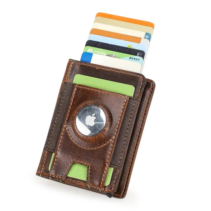 Porte-cartes slim en cuir marron café pour homme, protection RFID, design minimaliste et élégant.