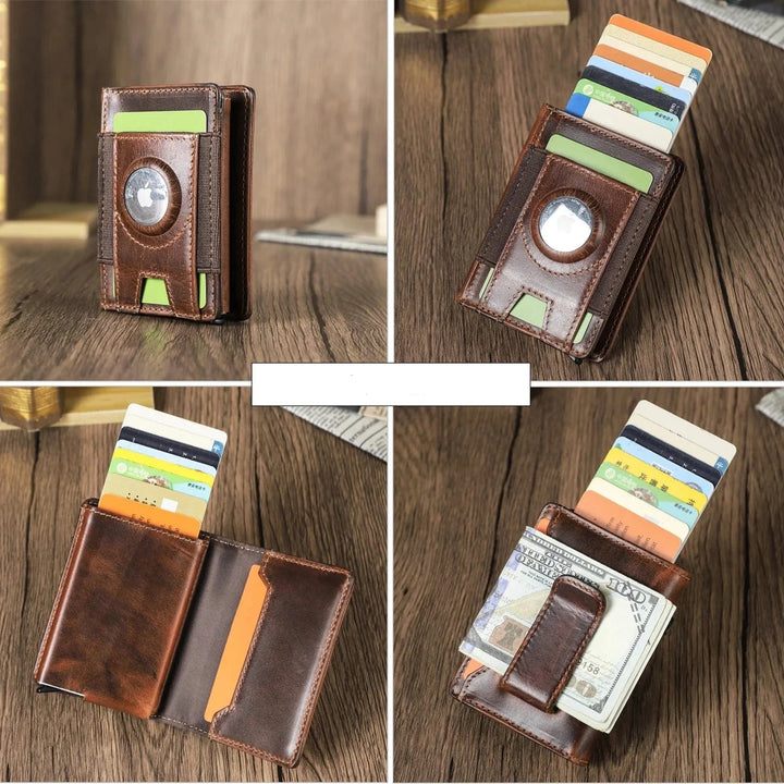 Accessoire homme: porte-cartes mince en cuir grainé café, protection RFID, pour cartes et billets.
