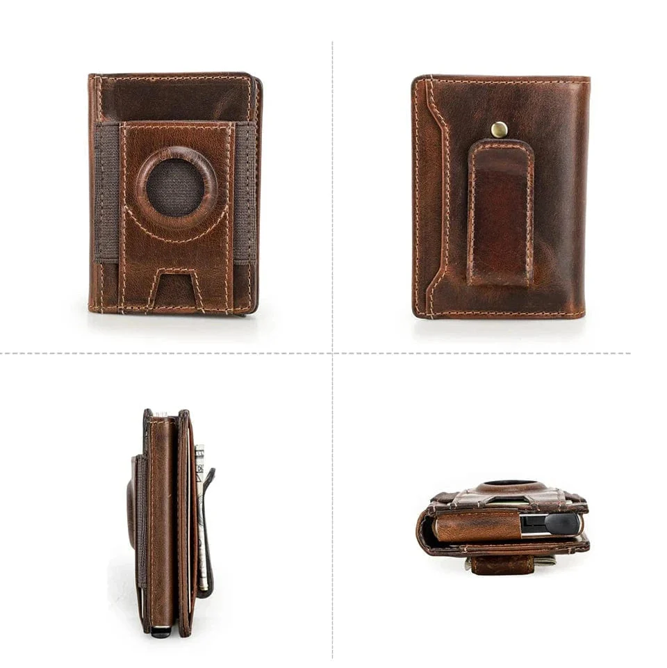 Porte-cartes minimaliste en cuir café, doté d'une protection RFID et d'un porte-billets, convient pour AirTag.