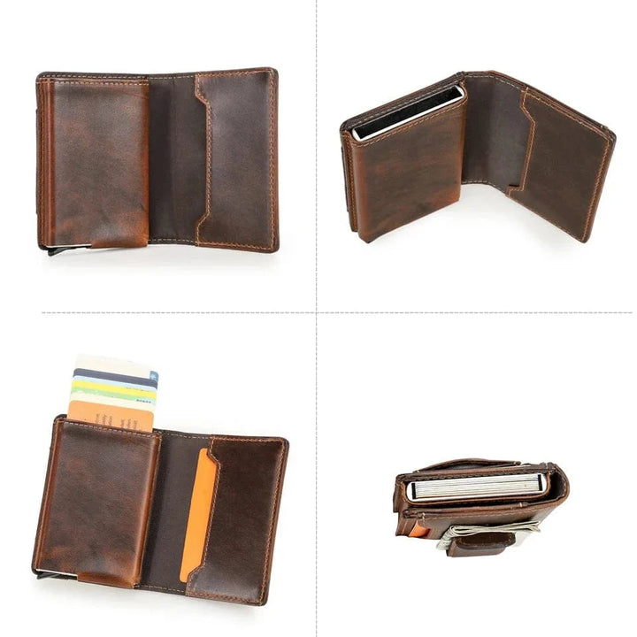 Porte-cartes en cuir marron avec mécanisme pop-up rapide, sécurité RFID, pour homme moderne et organisé.