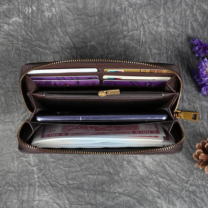 Portefeuille femme bleu marine en cuir véritable avec fermeture à bouton-pression