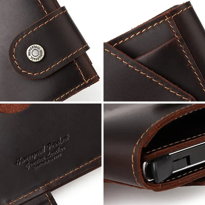 Vue ouverte d'un porte-monnaie homme RFID en cuir noir, compartiments cartes et billets, accessoire chic