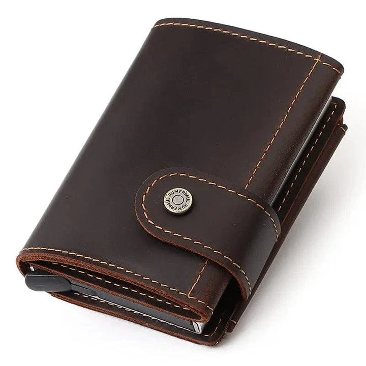 Accessoire homme: porte-monnaie en cuir vintage avec fermeture éclair, anti-RFID, couleur marron foncé
