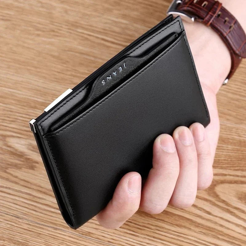 Porte-monnaie homme élégant en cuir véritable marron, organisation compacte pour cartes et billets.