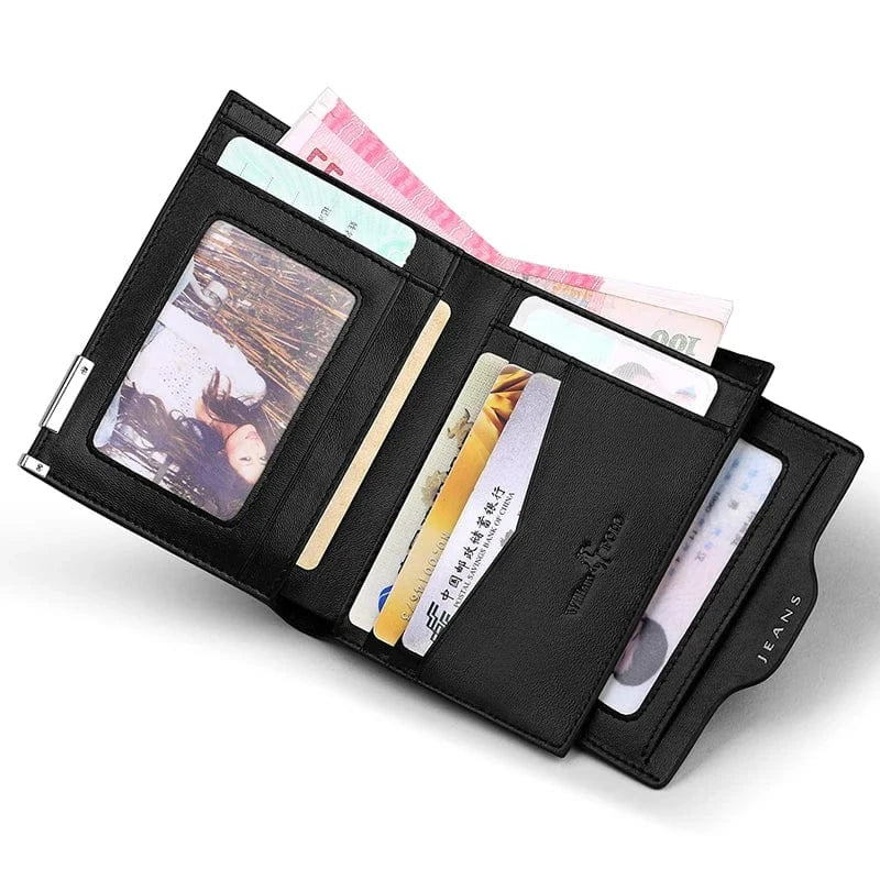 Porte-monnaie homme noir en cuir véritable, accessoire compact et chic pour un usage quotidien.