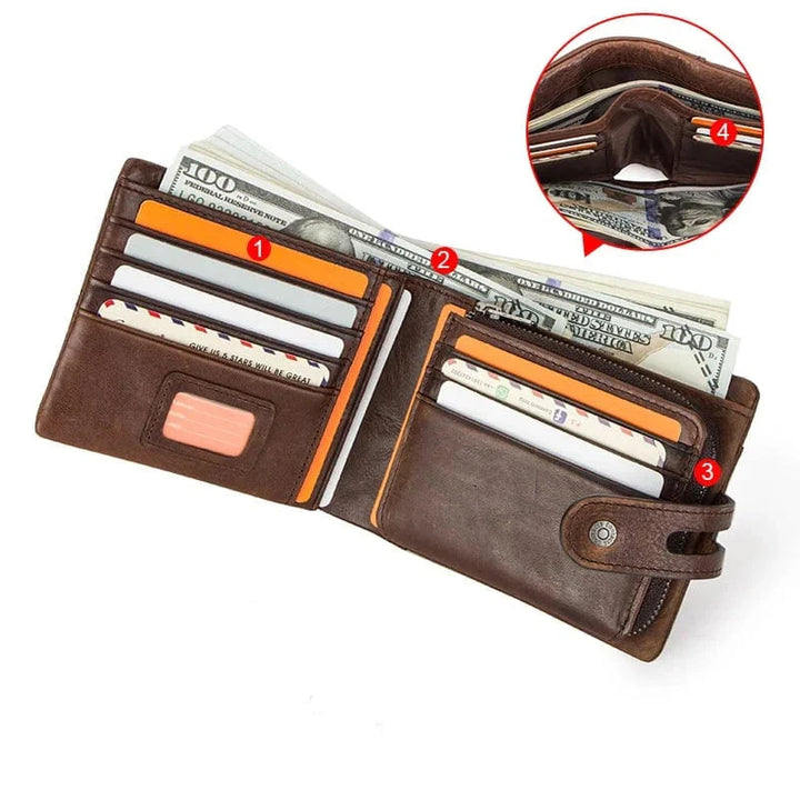 Portefeuille compact en cuir couleur café, accessoire quotidien pour hommes