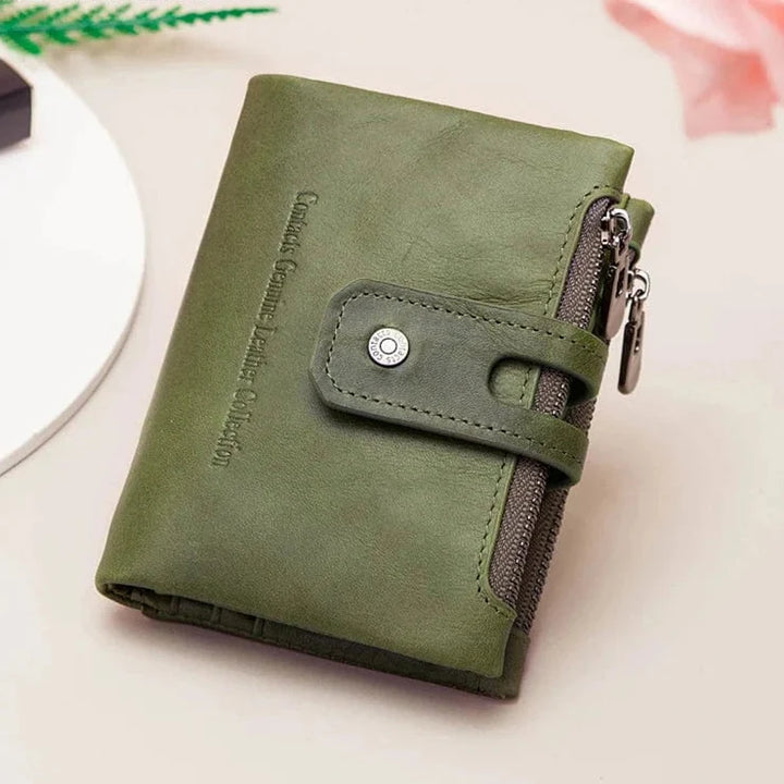 Portefeuille compact femme en cuir noir, élégant, avec rangement pour cartes et monnaie.