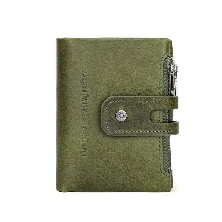 Portefeuille femme en cuir véritable marron, vue de profil montrant l'épaisseur minimale.