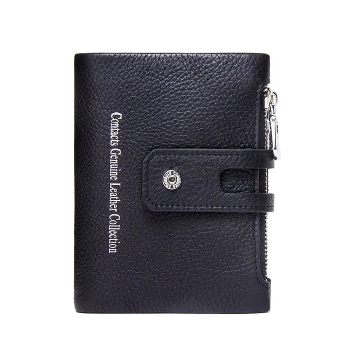 Portefeuille compact femme, illustration de ses dimensions par rapport à une main feminine.