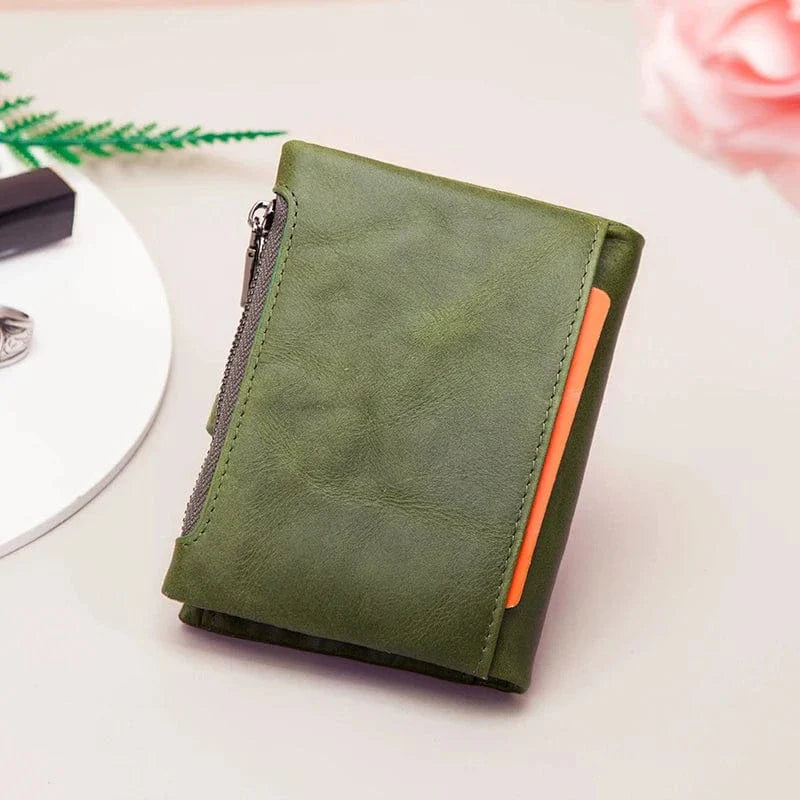 Portefeuille femme cuir véritable vert, design compact, petit format idéal pour sac à main.