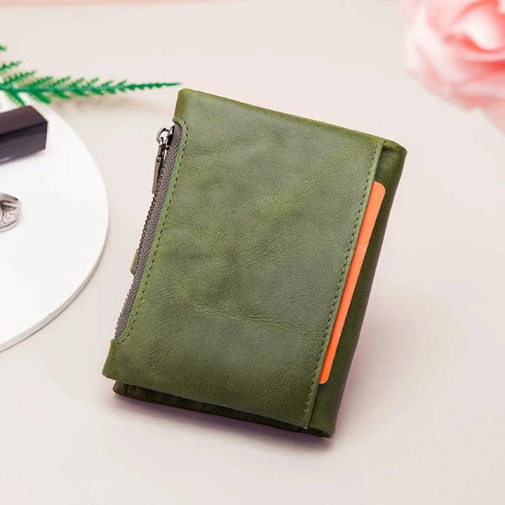Portefeuille femme cuir véritable vert, design compact, petit format idéal pour sac à main.