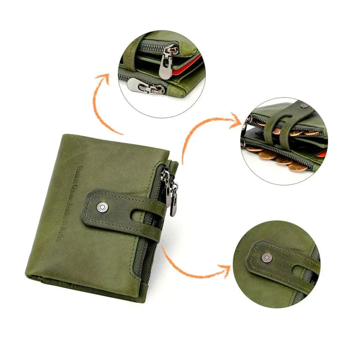 Portefeuille compact femme posé sur une table en bois, accessoire de mode en cuir vert.