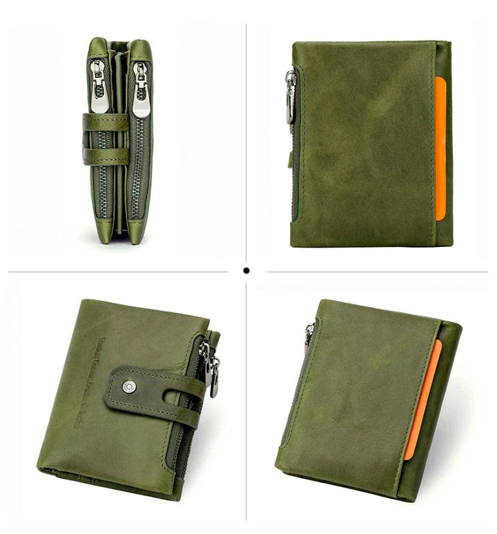 Détail du zip de la poche monnaie sur le portefeuille femme en cuir noir, compact et pratique.