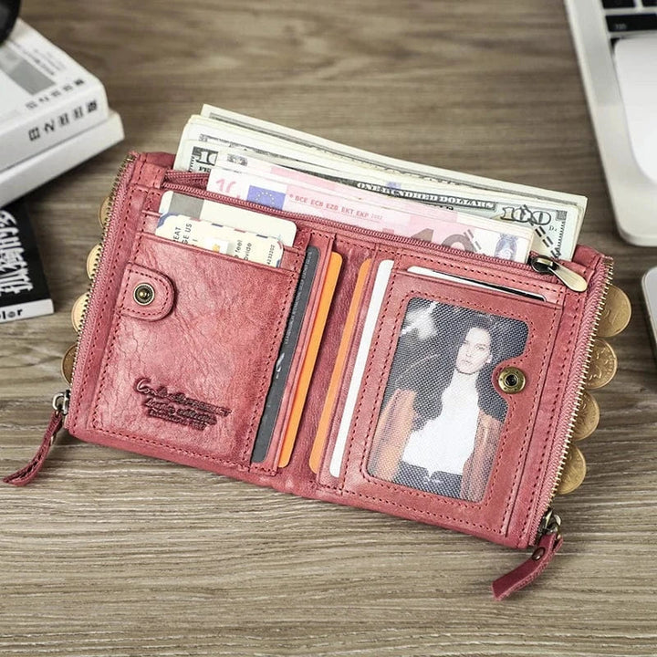 Portefeuille compact en cuir rose poudré pour femme, avec compartiments cartes et porte-monnaie