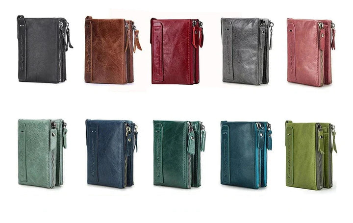 Portefeuille compact en cuir texturé gris anthracite, élégant et discret pour femme