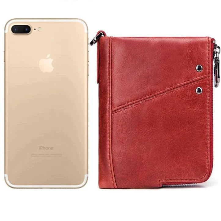 Portefeuille femme en cuir gris, compact avec protection RFID intégrée, essentiel mode