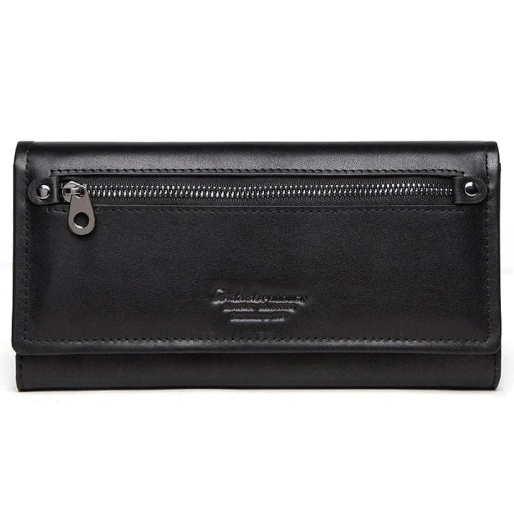 Portefeuille en cuir véritable gris anthracite, accessoire femme polyvalent, mode et pratique.
