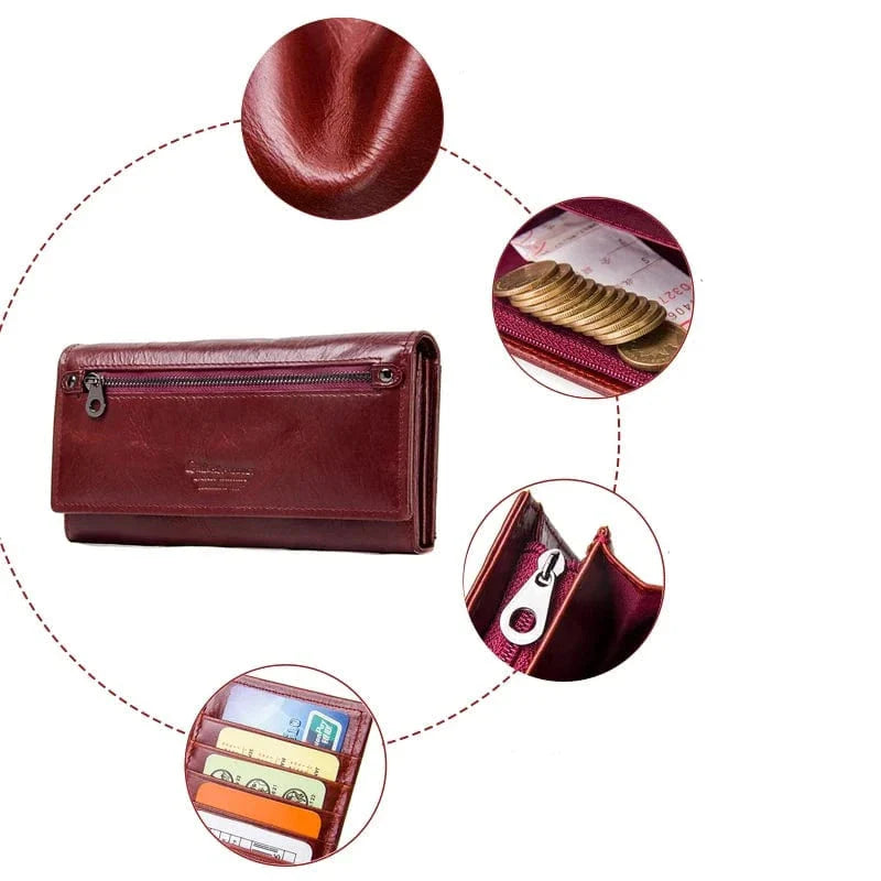Portefeuille femme rouge vif en cuir, conçu pour organiser cartes et monnaie, très mode.