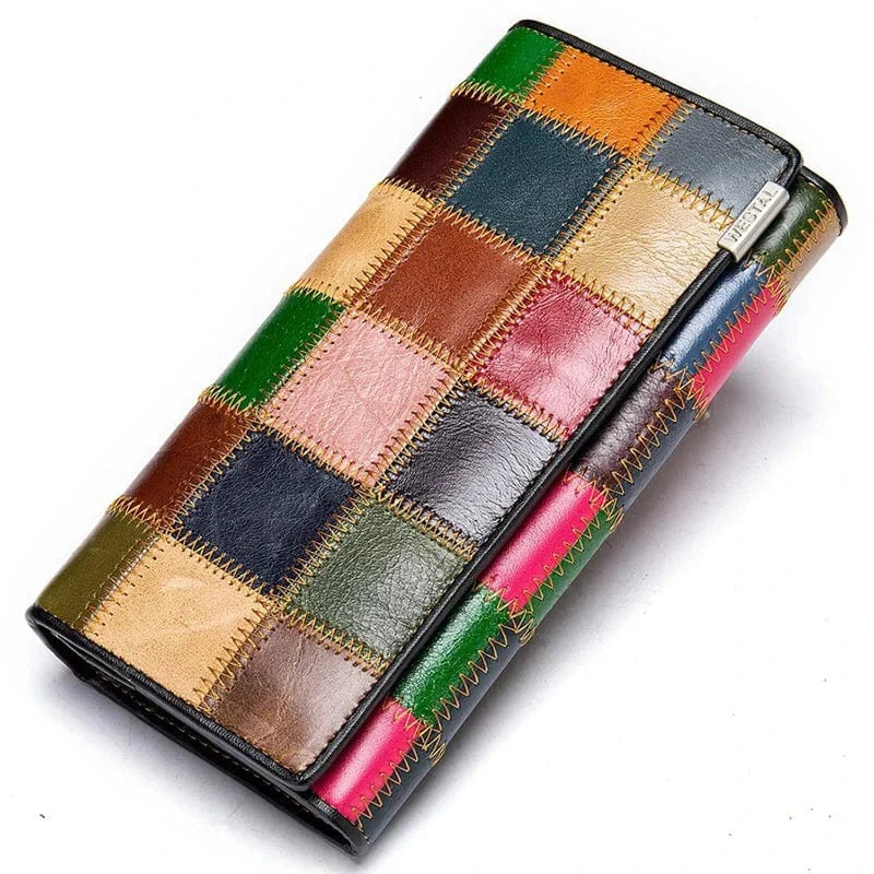 Portefeuille en cuir souple multicolore pour femme, design élégant et bohème, idéal pour cartes et monnaie