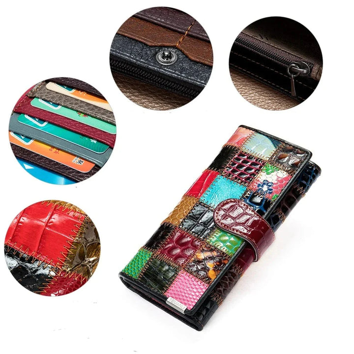 Détail du cuir grainé et des coutures d'un portefeuille femme multicolore, finitions de qualité