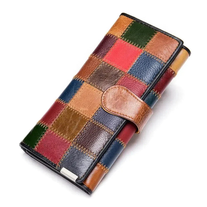 Portefeuille multicolore ouvert, affichant fentes pour cartes et pochette zippée pour la monnaie, très fonctionnel