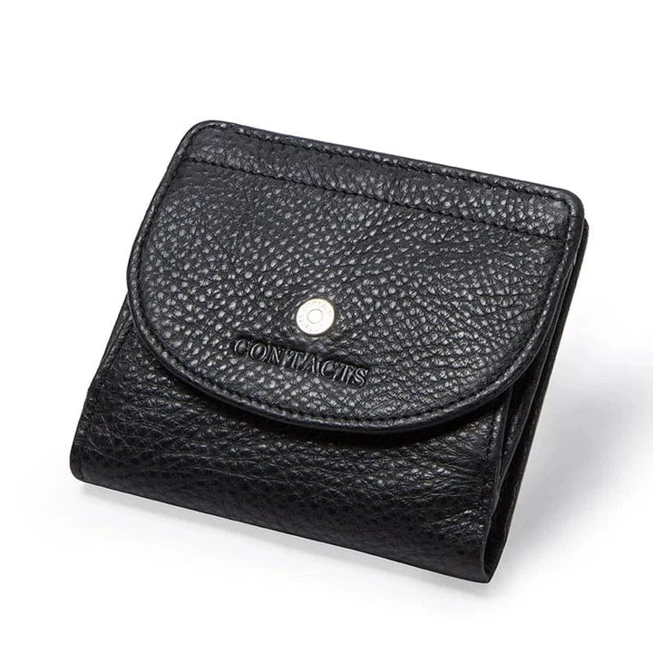 Vue arrière d'un portefeuille femme en cuir noir, accentuant sa finition impeccable et son format ultra-compact.