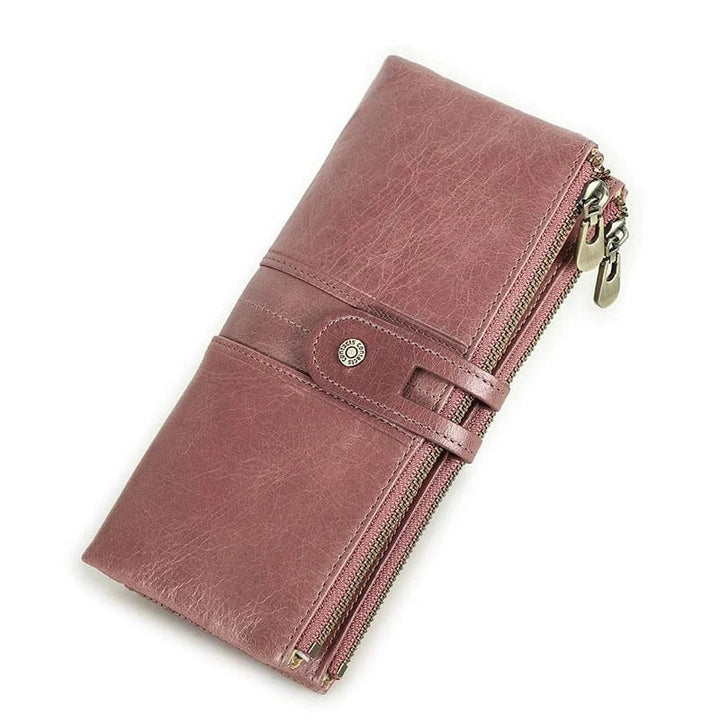 Portefeuille femme en cuir lisse, couleur grise chic, design minimaliste et sophistiqué.