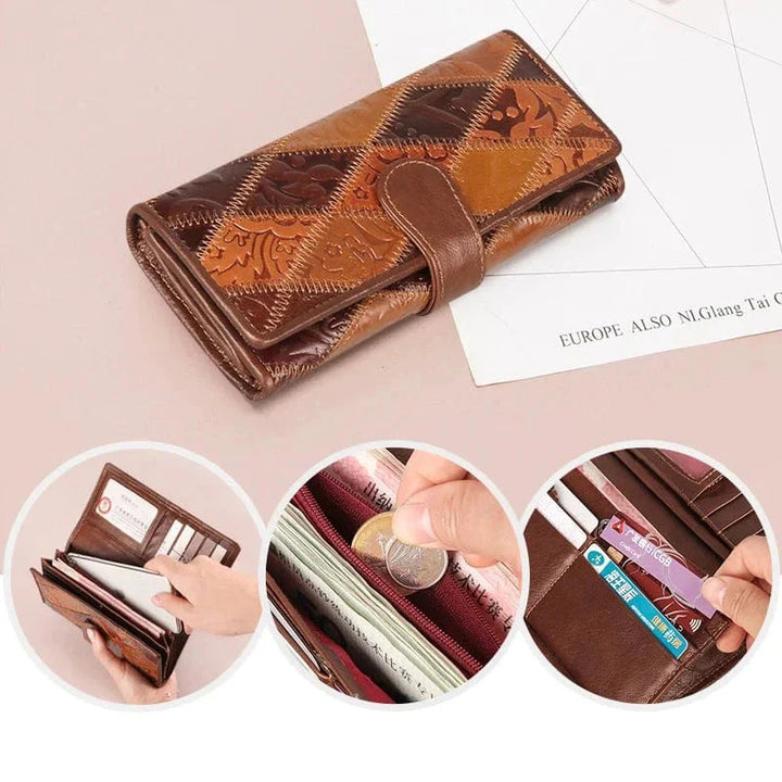 Portefeuille élégant en cuir marron pour femme, avec de nombreux compartiments, un vrai organisateur