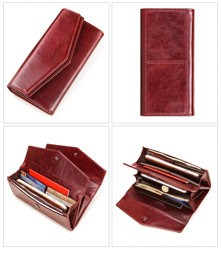 Trois portefeuilles femme en cuir (noir, vert, rouge) élégants et fonctionnels.