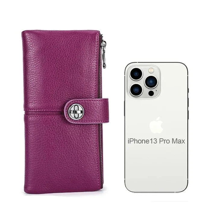 Sélection de portefeuilles en cuir véritable pour femmes: noir, violet, rouge, café et vert alignés.