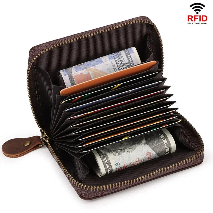 Portefeuille zippé vintage en cuir marron foncé pour homme, doté d'une doublure de blocage RFID.