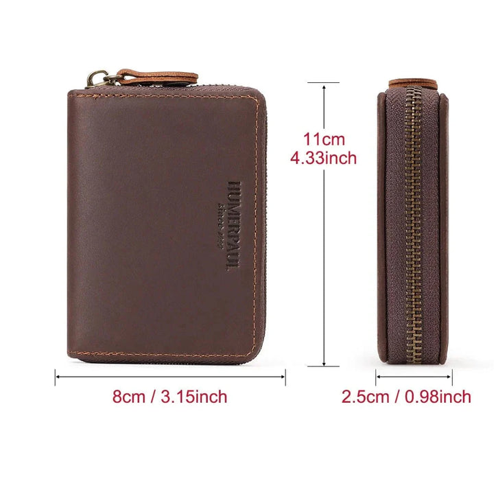 Portefeuille compact et sécurisé pour hommes, en cuir café, fermeture éclair, protection anti-RFID pour cartes.