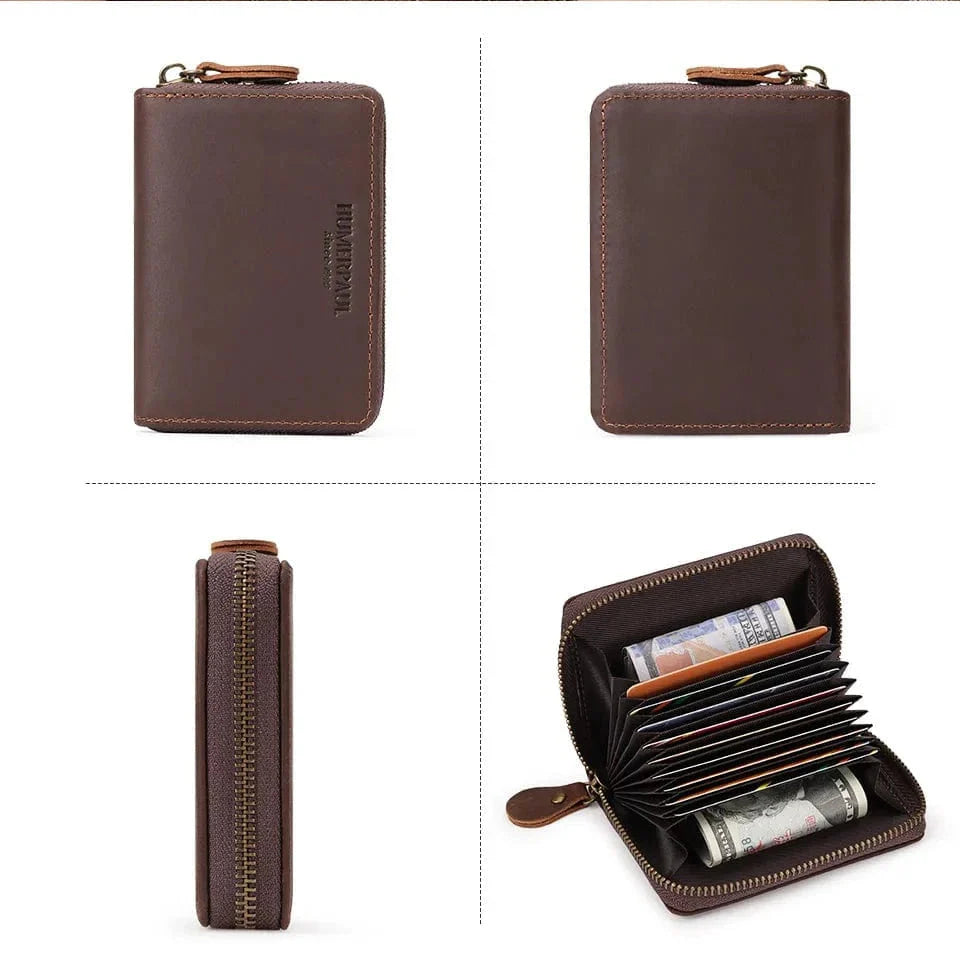 Gros plan d'un portefeuille homme zippé en cuir vieilli, couleur café, détail de la protection RFID.