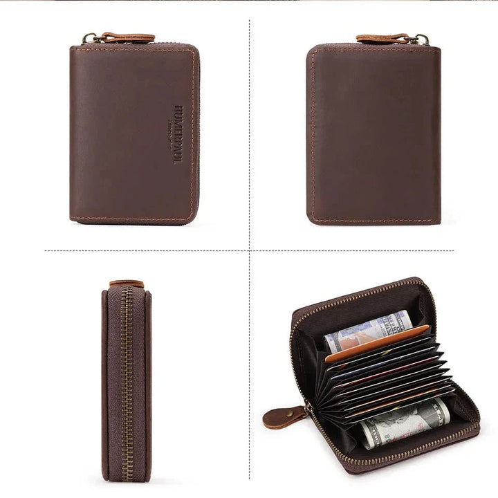 Gros plan d'un portefeuille homme zippé en cuir vieilli, couleur café, détail de la protection RFID.