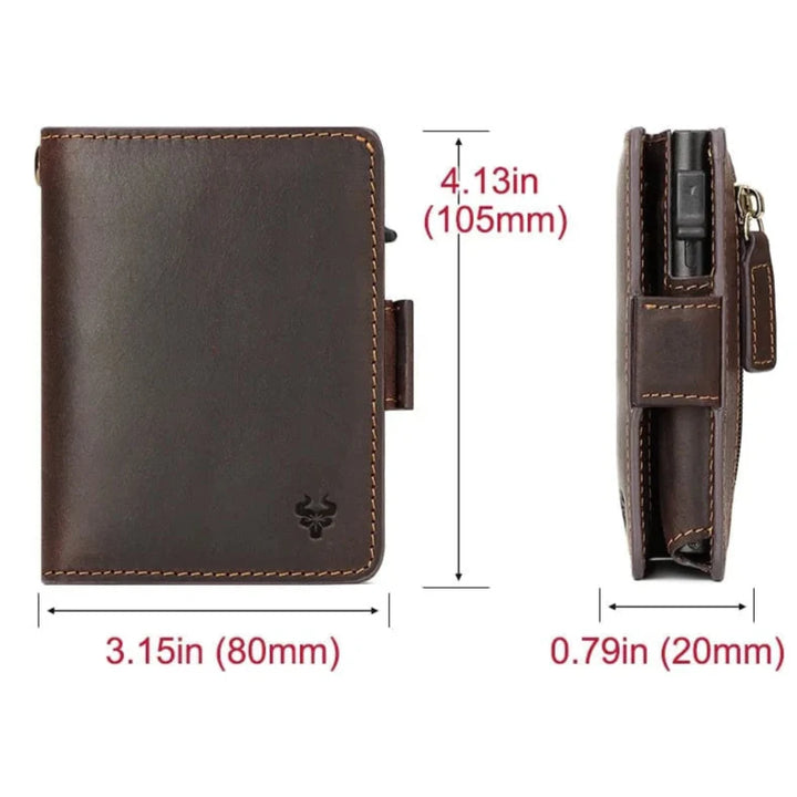 Portefeuille homme en cuir RFID couleur café, compact mais spacieux, pour cartes de crédit et pièces d'identité sécurisées.