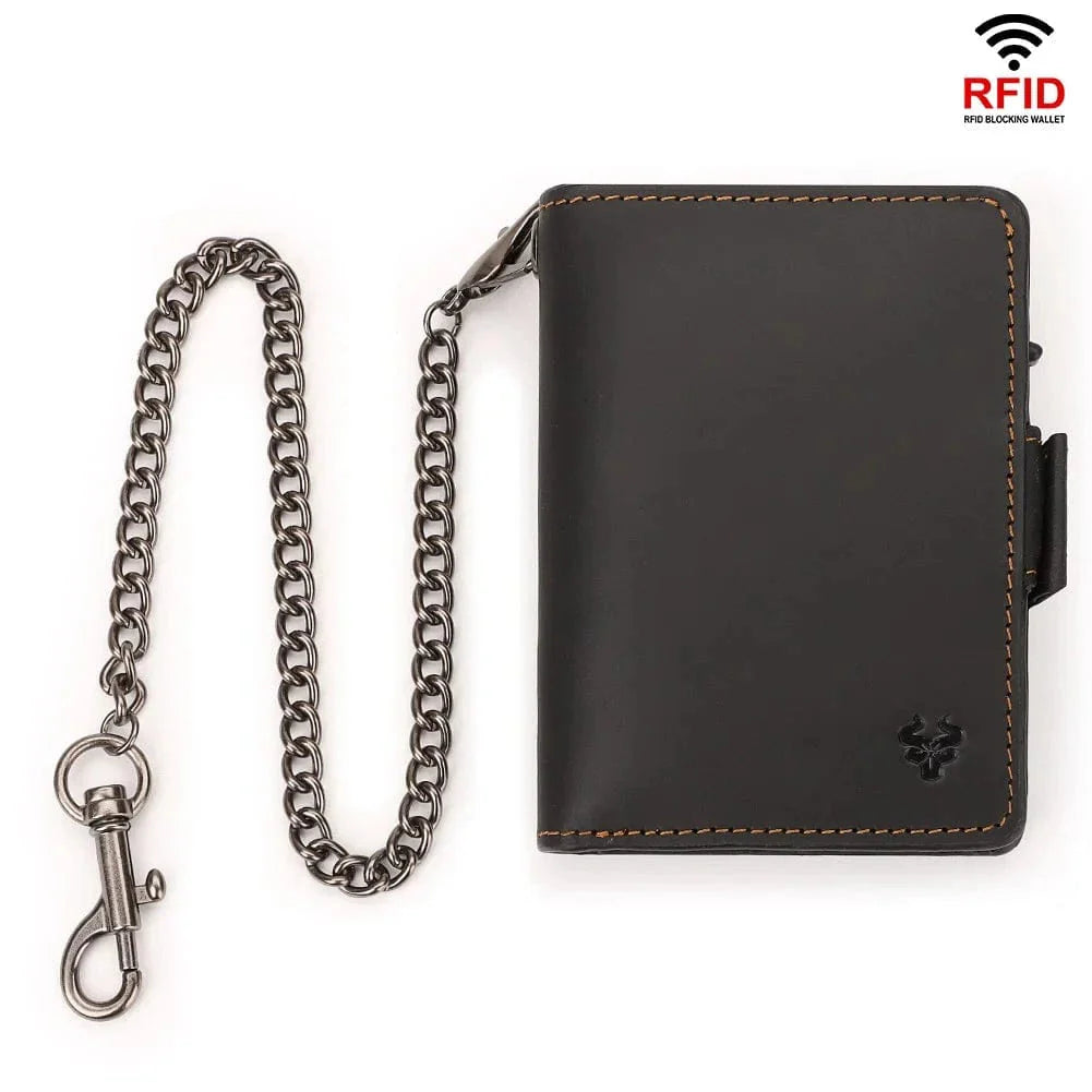 Porte-monnaie homme élégant en cuir véritable, avec compartiment zippé pour monnaie et technologie anti-RFID.