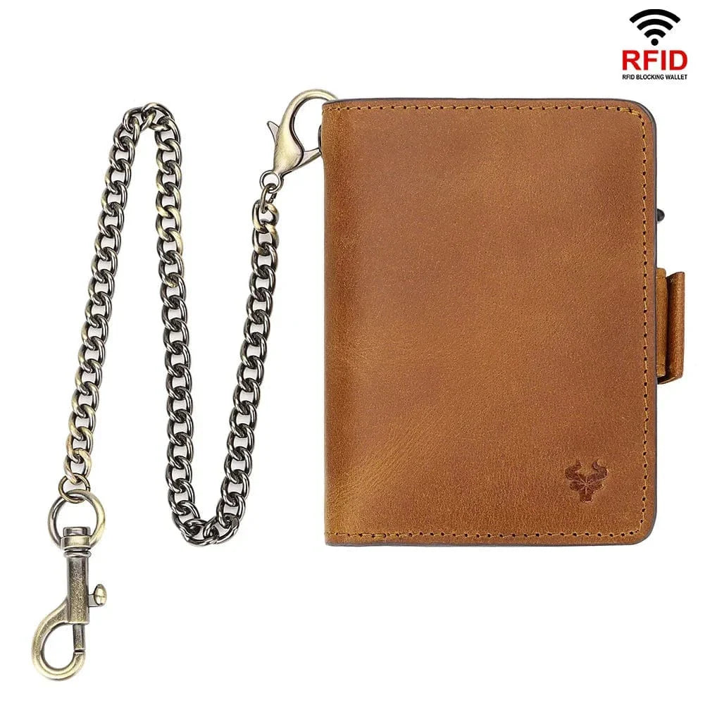 Ensemble portefeuille et porte-cartes RFID pour homme en cuir, présentant ses dimensions fines et son design pratique.